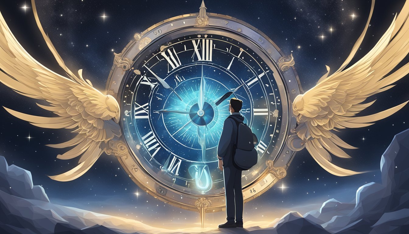 A glowing celestial figure hovers above a clock displaying 10:30, surrounded by symbols of guidance and protection