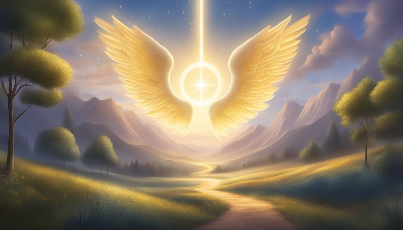 A glowing 1129 angel number hovers above a serene landscape, radiating divine energy and illuminating the surroundings with a sense of peace and purpose