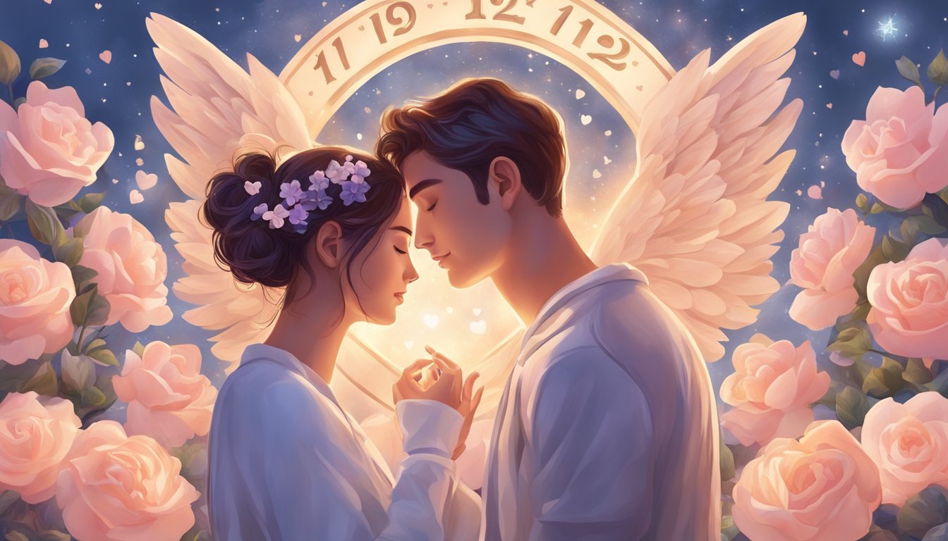 A couple stands under a glowing 1129 angel number, surrounded by hearts and flowers, symbolizing the role of 1129 in love and relationships