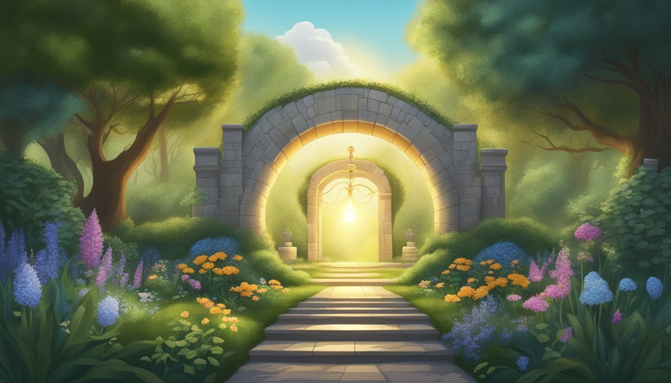 A serene garden with a path leading to a glowing portal, surrounded by symbols of guidance and protection