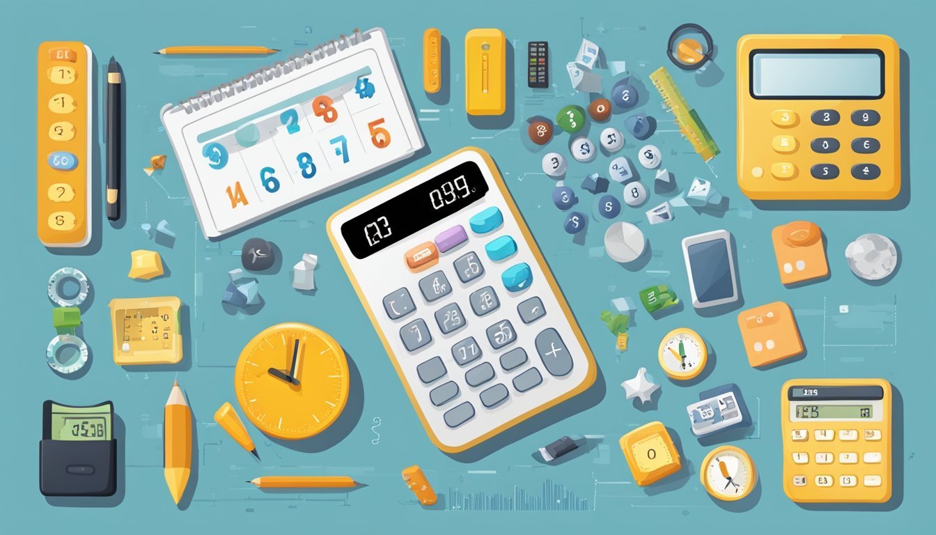 A calculator displaying expression numbers in a daily life setting, with various objects and activities surrounding it