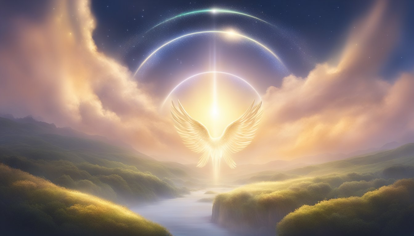 A glowing 1030 angel number hovers above a serene landscape, surrounded by celestial light and ethereal energy