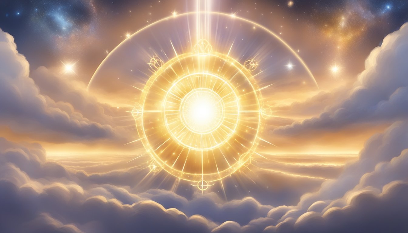 A glowing halo of light surrounds the numbers "1030" with celestial symbols and a sense of divine presence