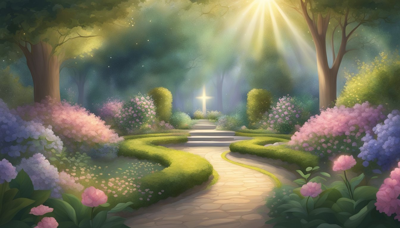 A serene garden with a path leading to a glowing 1030 angel number surrounded by ethereal light and a sense of divine presence