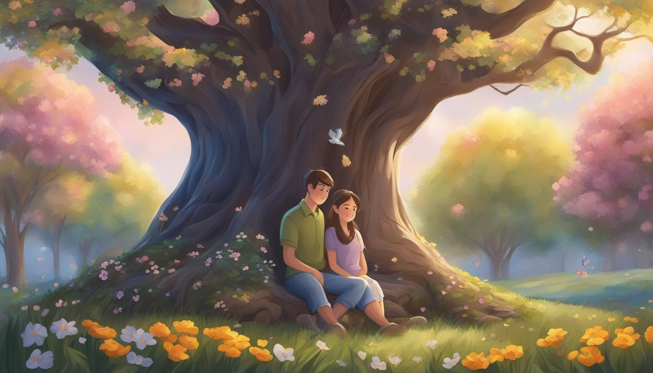 A couple sits under a tree, surrounded by blooming flowers.</p><p>The number 1030 is carved into the tree trunk, with a glowing angel figure hovering above it