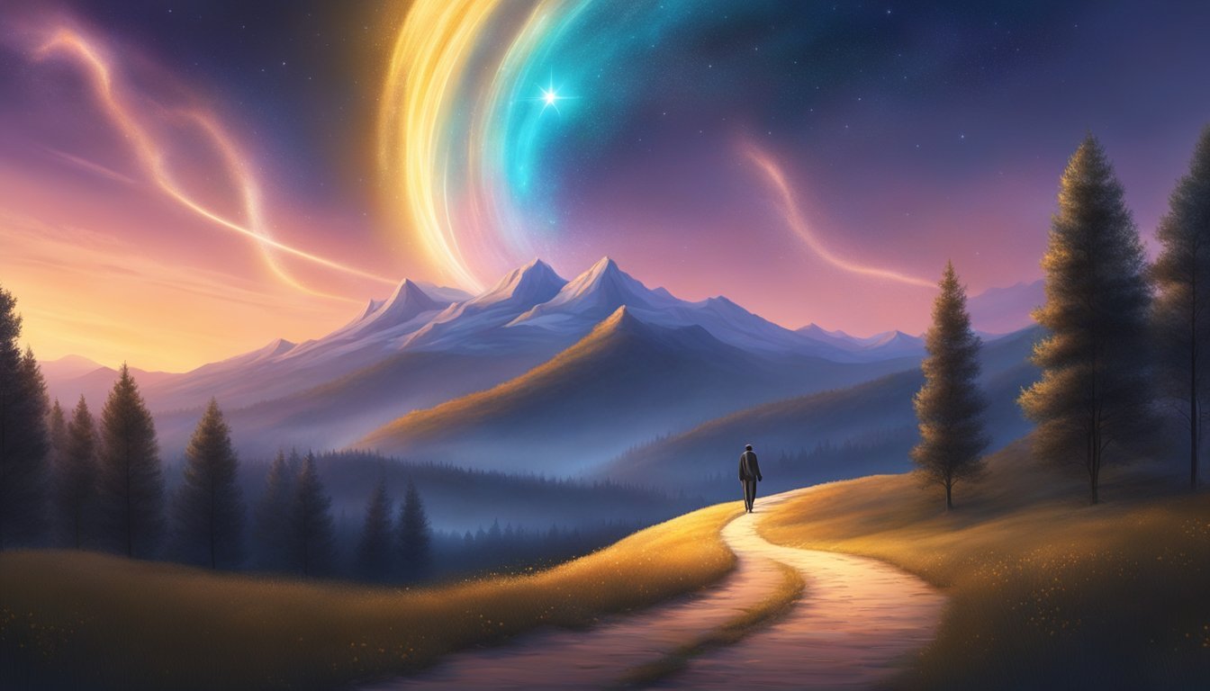 A bright, celestial figure hovers over a winding path, illuminating the way forward.</p><p>The number 1030 glows in the sky, casting a powerful and transformative energy on the surrounding landscape