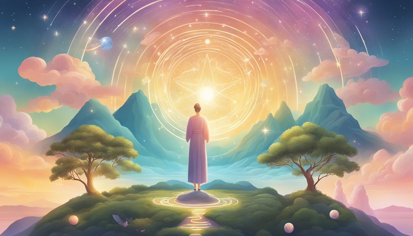 A bright, celestial figure hovers over a serene landscape, surrounded by symbols of health and wellness