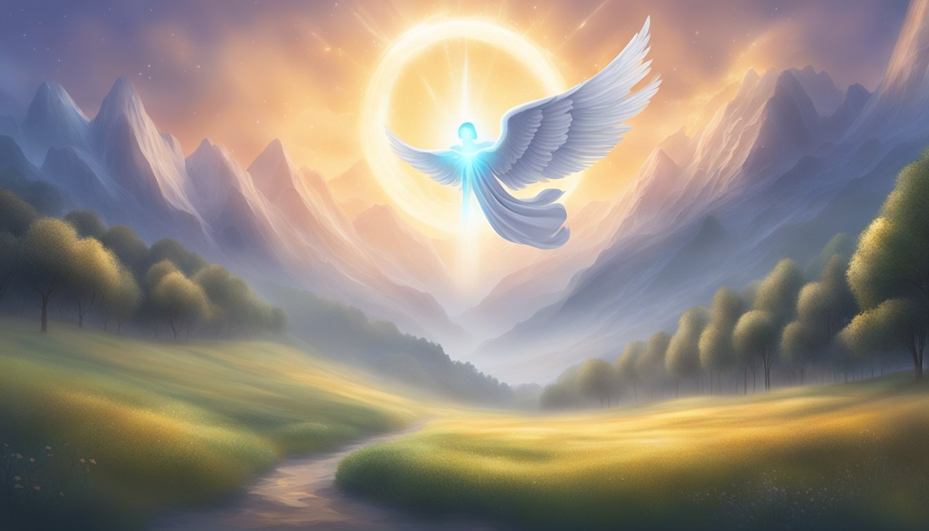 A glowing 1035 angel number hovers above a serene landscape, surrounded by celestial light and ethereal energy