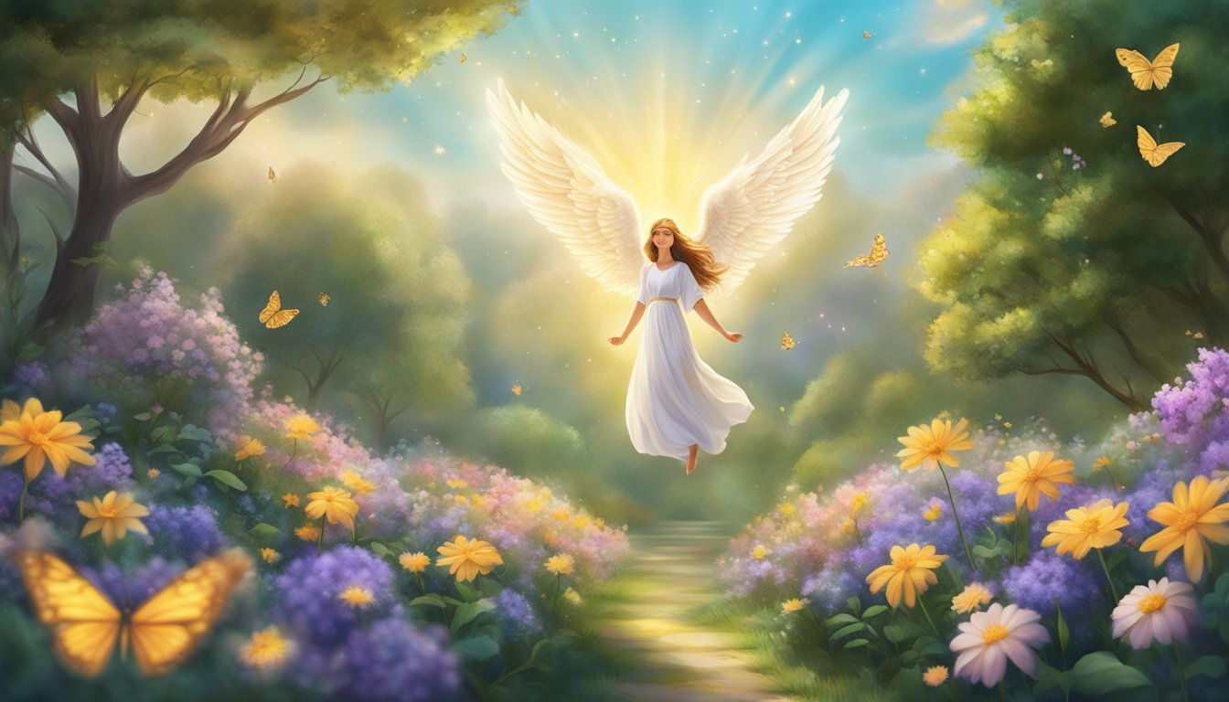 A glowing 1035 angel number hovers above a tranquil garden, surrounded by blooming flowers and fluttering butterflies