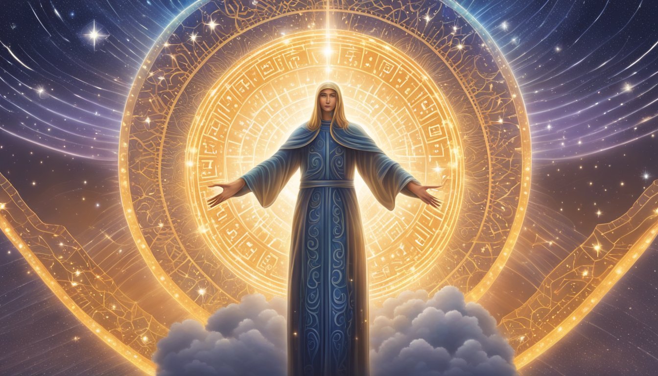 A glowing celestial figure hovers over a series of numbers arranged in a pattern, radiating a sense of divine guidance and spiritual significance