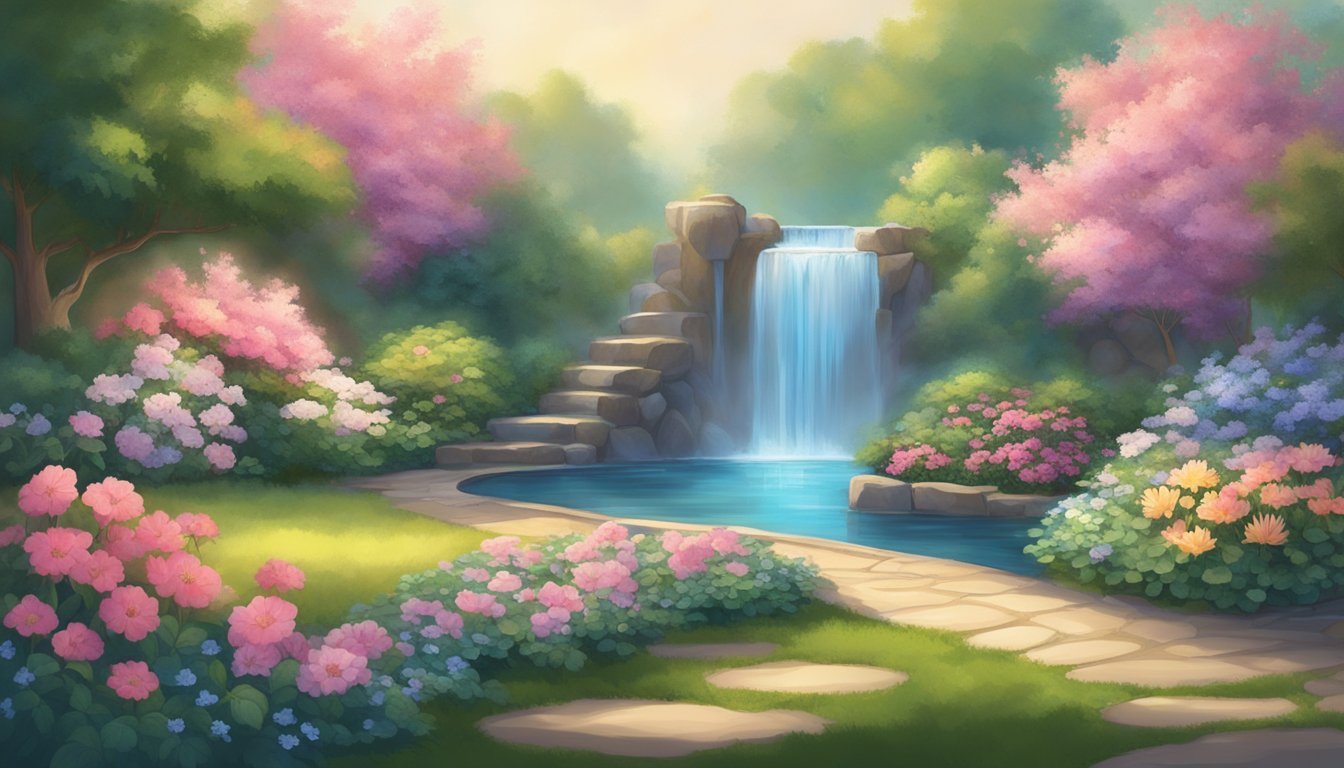 A serene garden with a gentle waterfall, surrounded by blooming flowers and lush greenery.</p><p>A soft, warm light emanates from the center, evoking a sense of peace and healing