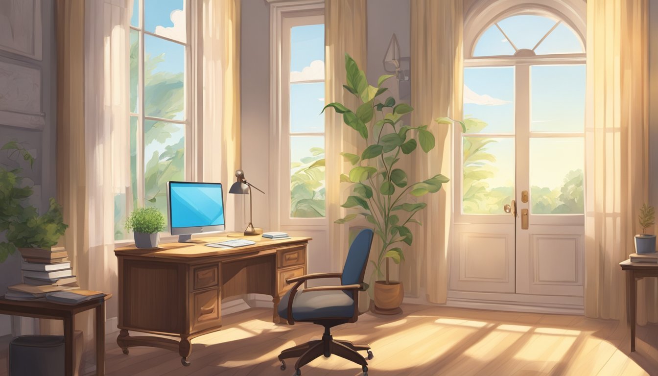 A serene, sunlit room with a desk, notebook, and pen.</p><p>A gentle breeze rustles the curtains as the 1035 angel number glows on a digital clock