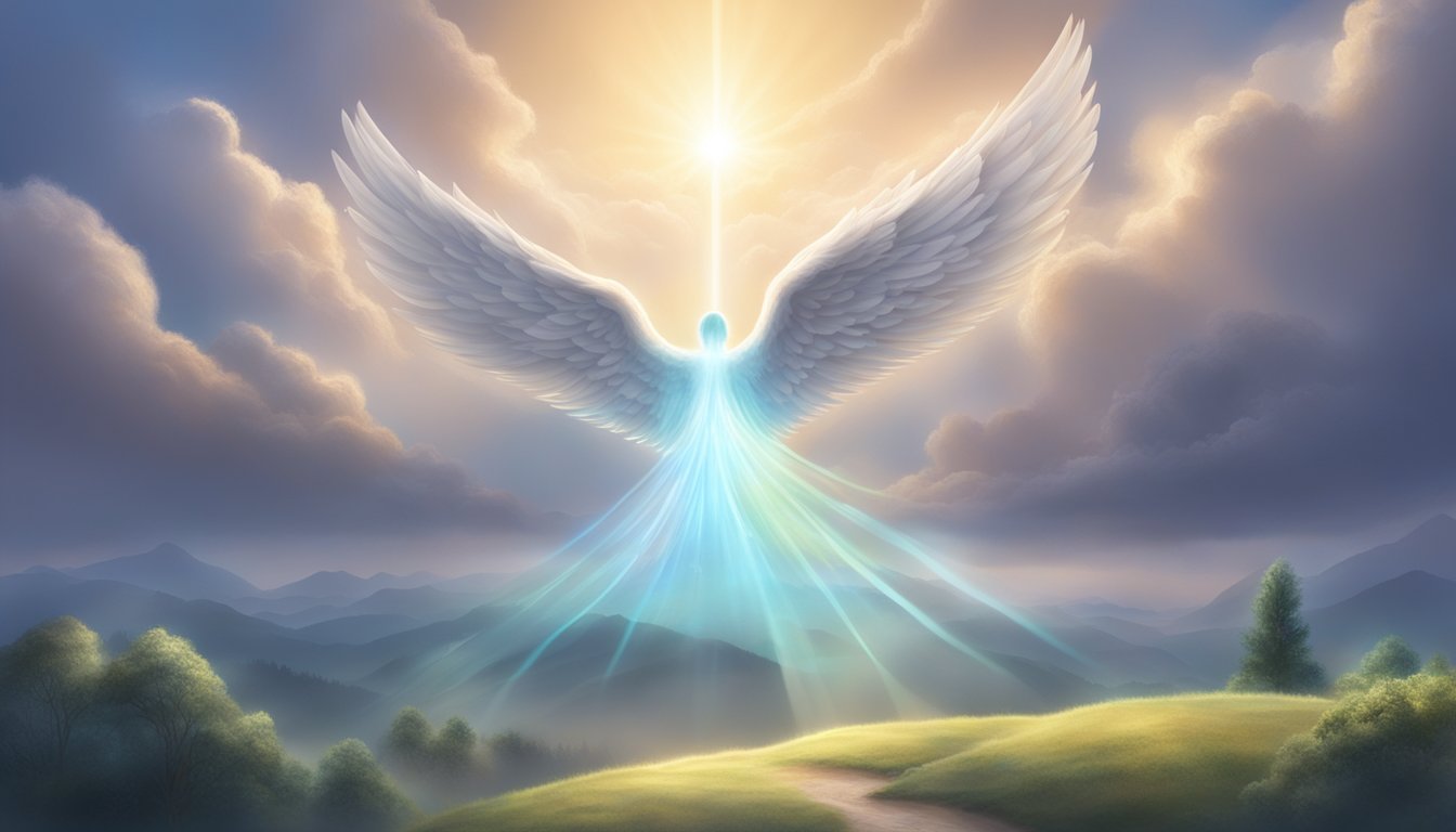 A glowing 1129 angel number hovers above a serene landscape, surrounded by celestial light and gentle wisps of clouds