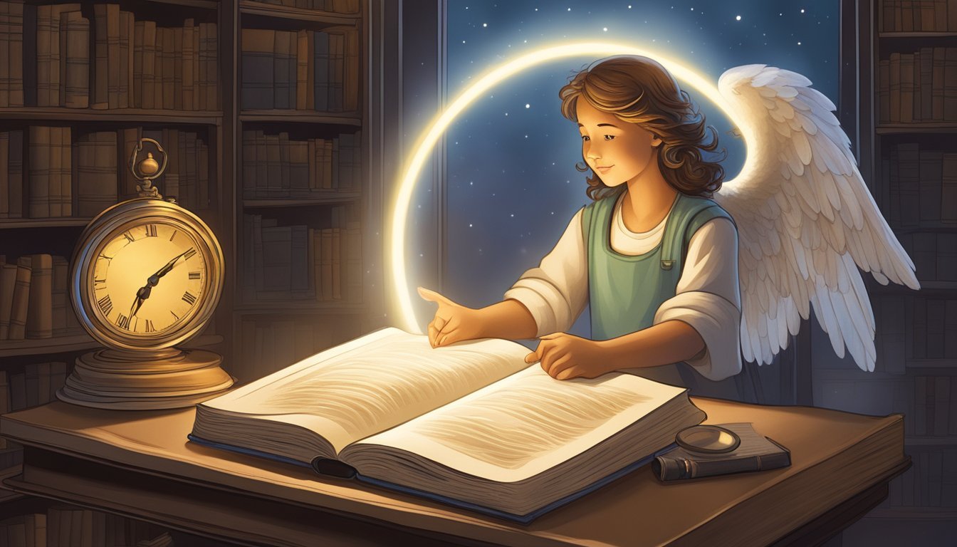 A glowing halo hovers above a book, while a clock shows 11:29.</p><p>A guardian angel watches over the scene