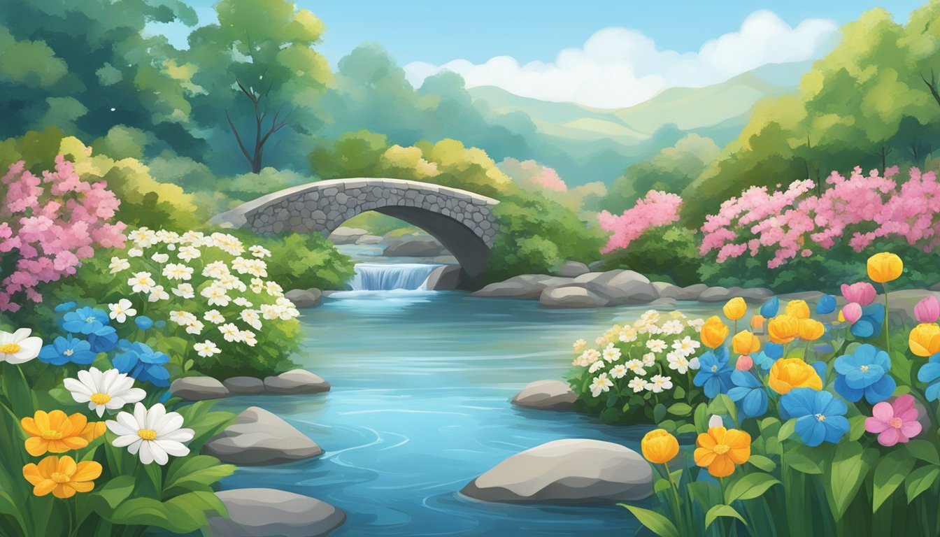 A serene garden with blooming flowers, a flowing river, and a clear blue sky, symbolizing peace and harmony.</p><p>The number 1129 is subtly incorporated into the natural elements