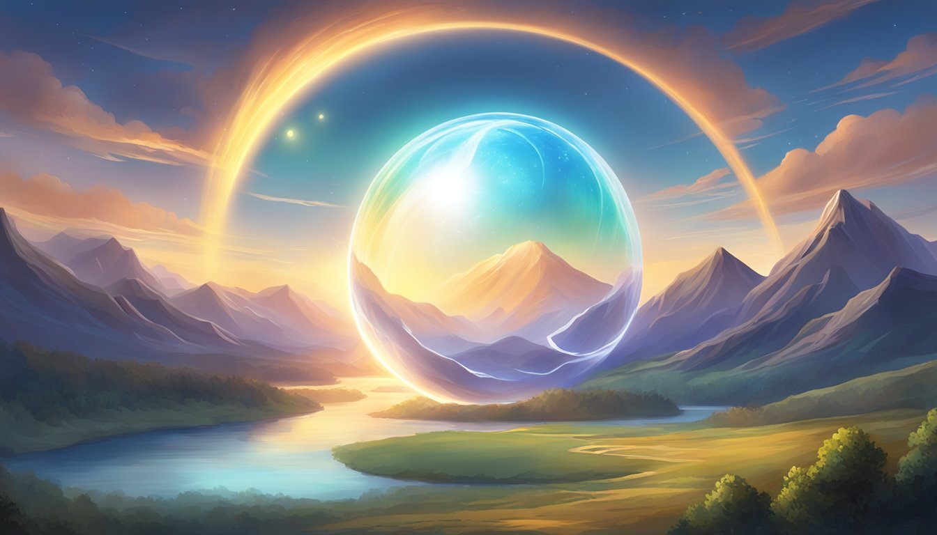 A bright, glowing orb hovers above a serene landscape, surrounded by swirling energy and radiating a sense of peace and harmony