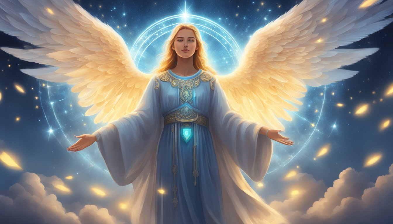 A glowing angelic figure hovers above a person, surrounded by symbols of guidance and protection.</p><p>The number 1129 shines brightly in the background