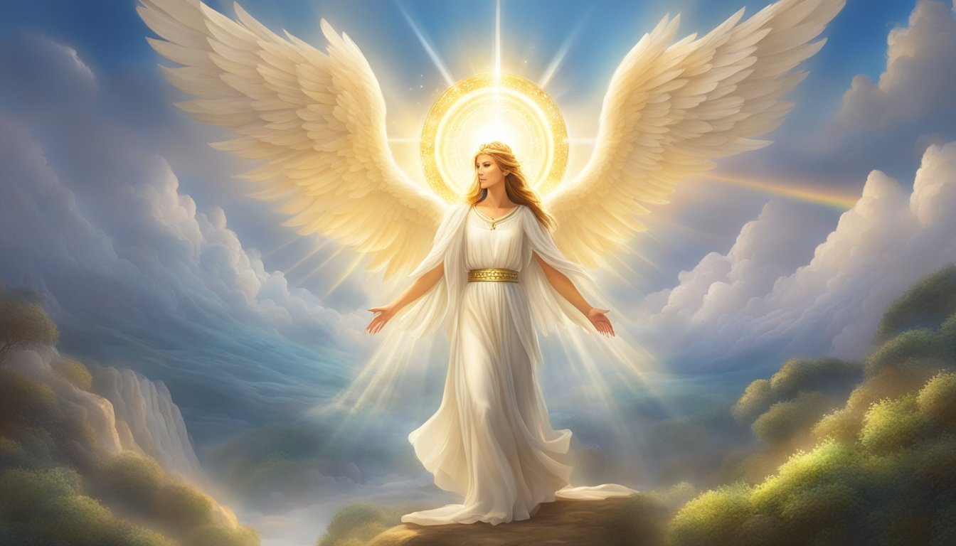 A radiant angel with a glowing halo hovers over a peaceful landscape, surrounded by symbols of divine guidance and protection