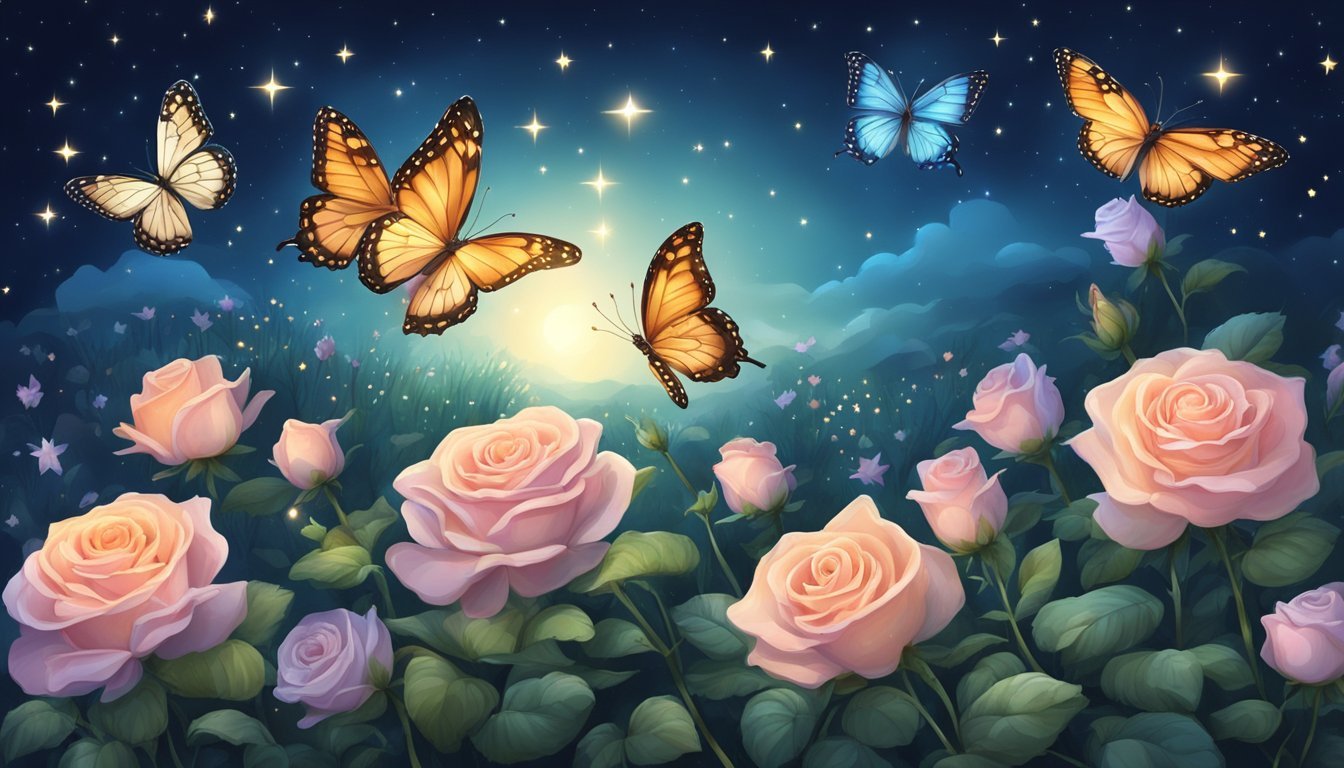 A serene garden with four blooming roses, four fluttering butterflies, and four shining stars in the night sky