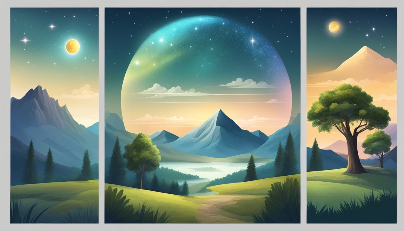 A serene landscape with four prominent elements, such as four mountains or four trees, under a sky with four distinct celestial bodies