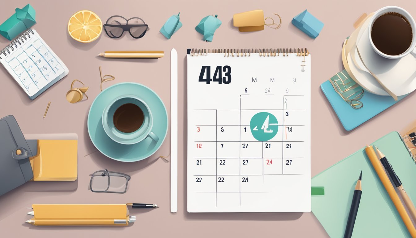 A calendar with the date "444" circled, surrounded by everyday objects like a coffee mug, a phone, and a notebook