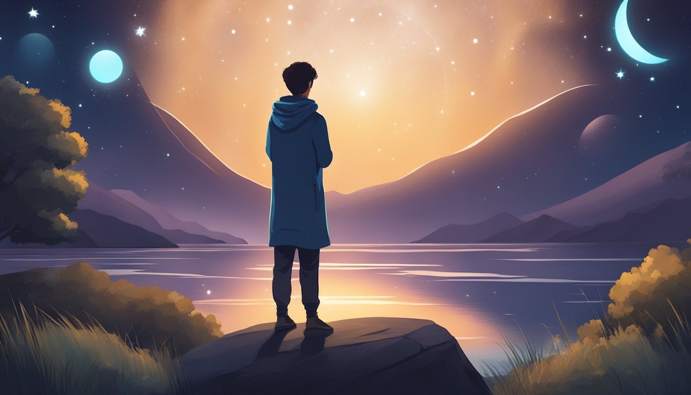 A figure gazes at the night sky, surrounded by four glowing orbs.</p><p>A sense of peace and connection emanates from the scene