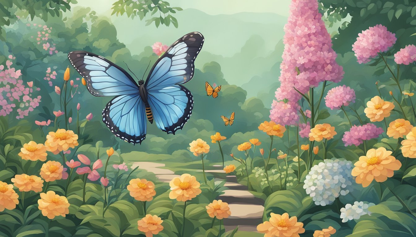 A garden with blooming flowers, a butterfly emerging from a cocoon, and a tree growing strong and tall