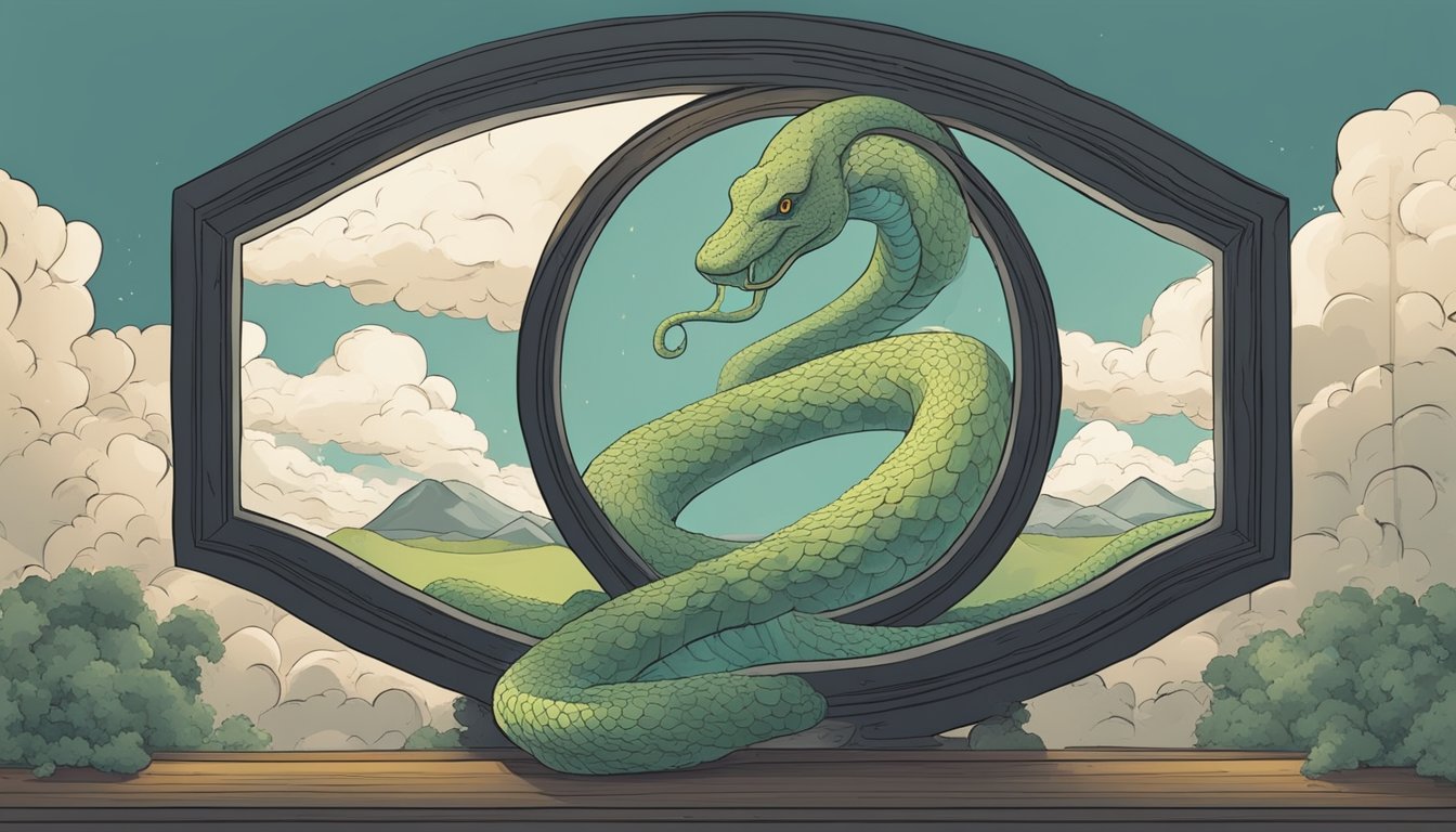 A dark cloud looms over a broken mirror, reflecting the number 444.</p><p>A serpent wraps around the mirror, symbolizing the detrimental myths