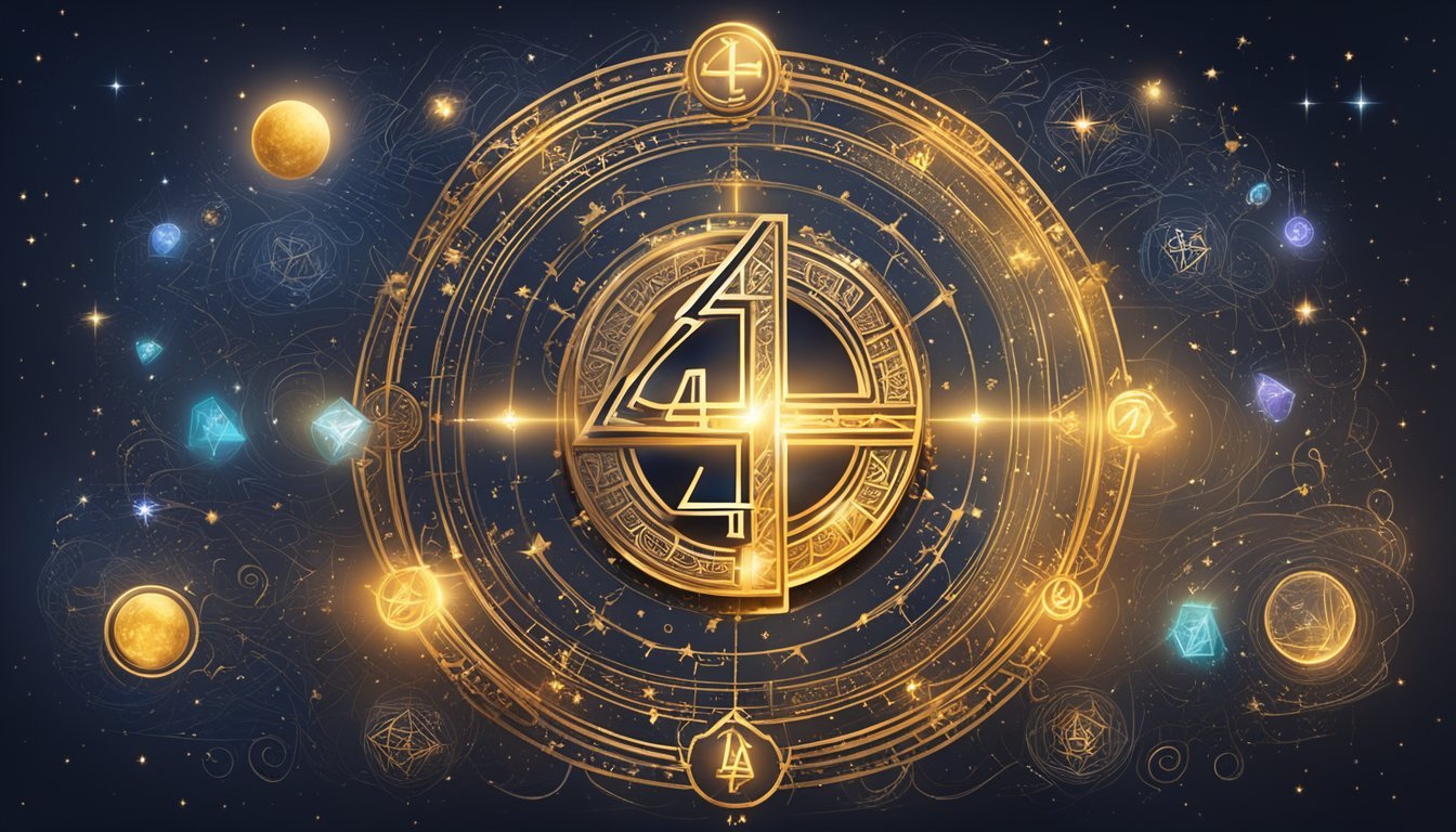 The number 444 is highlighted, surrounded by celestial symbols and glowing light, representing guidance and protection