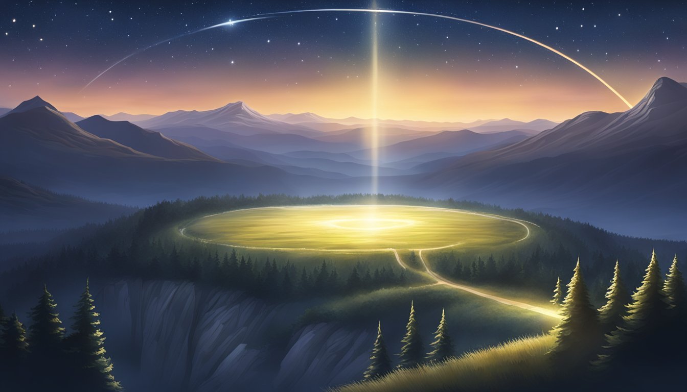 A glowing halo hovers above a serene landscape, with 59 stars twinkling in the night sky