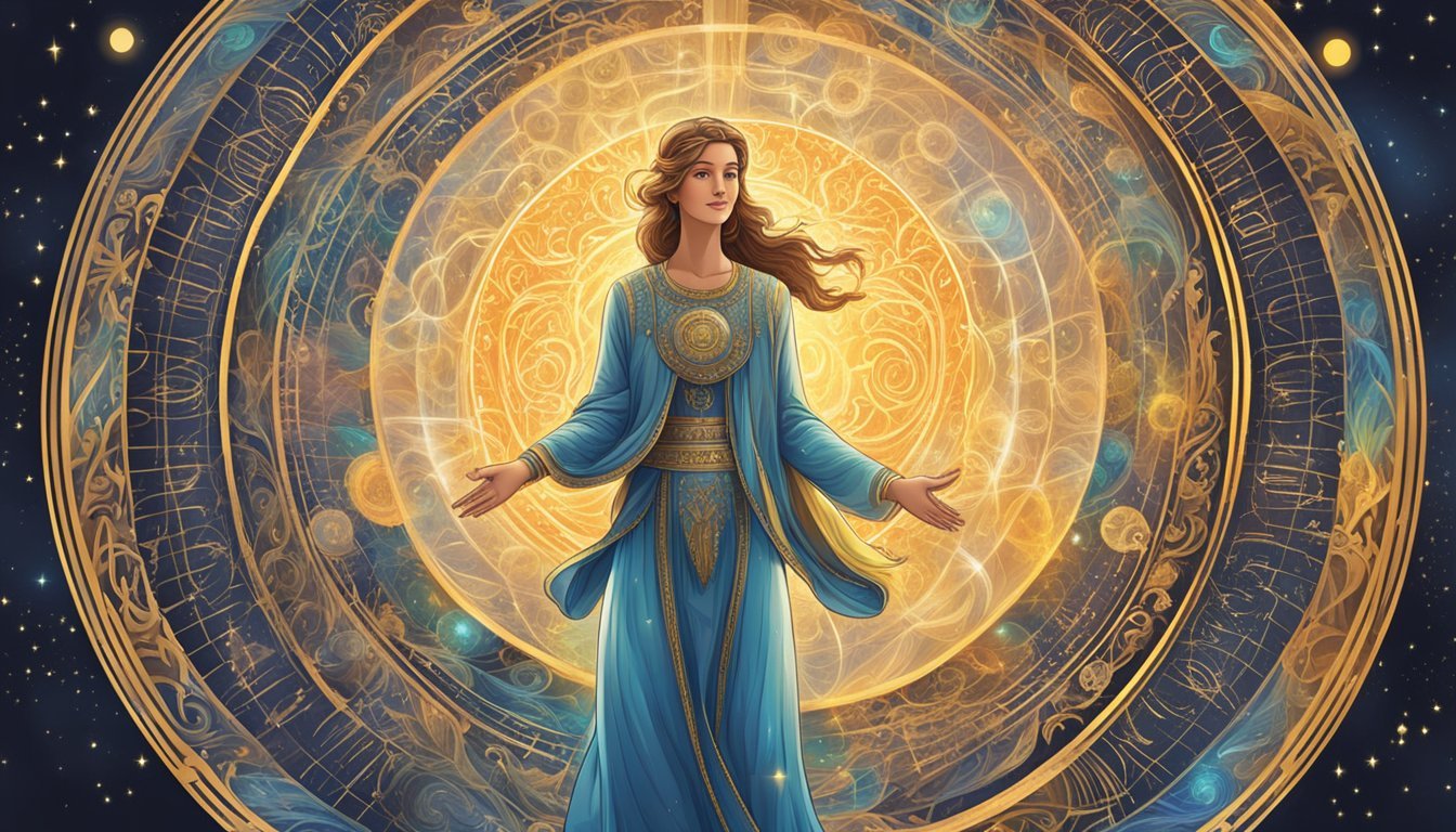 A radiant figure stands before a glowing orb, surrounded by swirling patterns and symbols representing the Numerological Breakdown 59 angel number