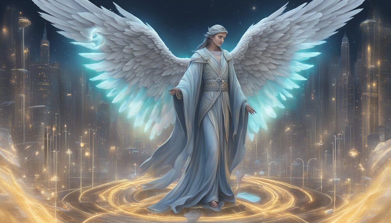 A figure stands at a crossroads, surrounded by symbols of growth and transformation.</p><p>The number 59 glows above, while angelic wings embrace the scene