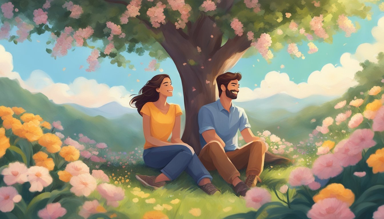 A couple sits under a tree, surrounded by blooming flowers.</p><p>A gentle breeze carries their laughter as they exchange loving glances