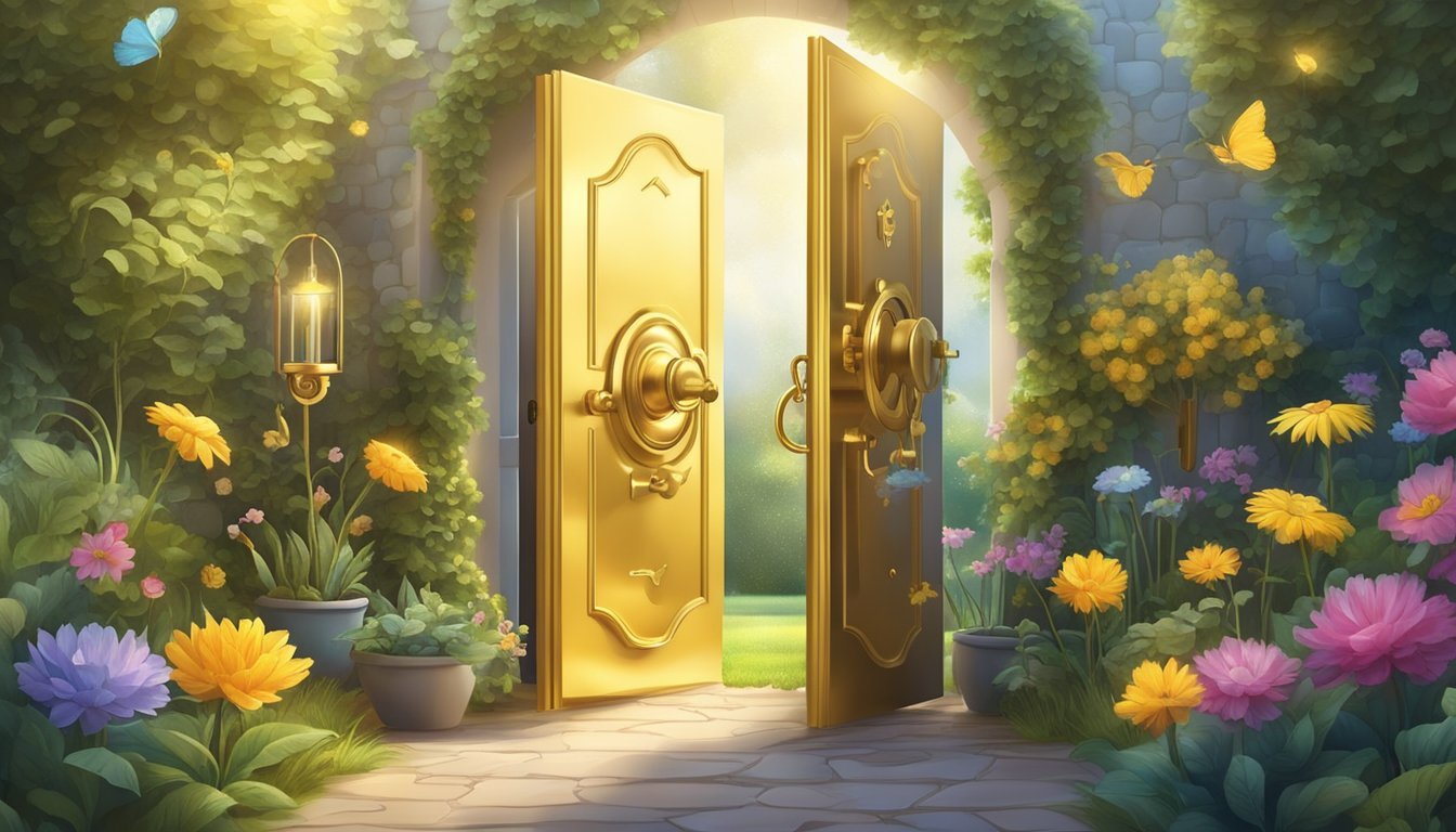 A golden key unlocking a door to a bright and flourishing garden, surrounded by symbols of success and abundance