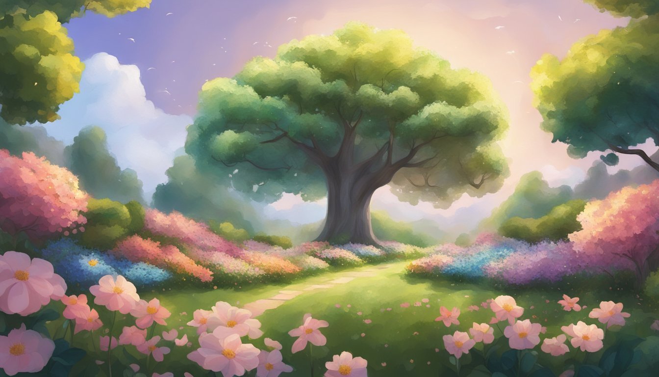 A garden with blooming flowers and a tree reaching towards the sky, surrounded by a soft glow of light, with the number 59 floating in the air