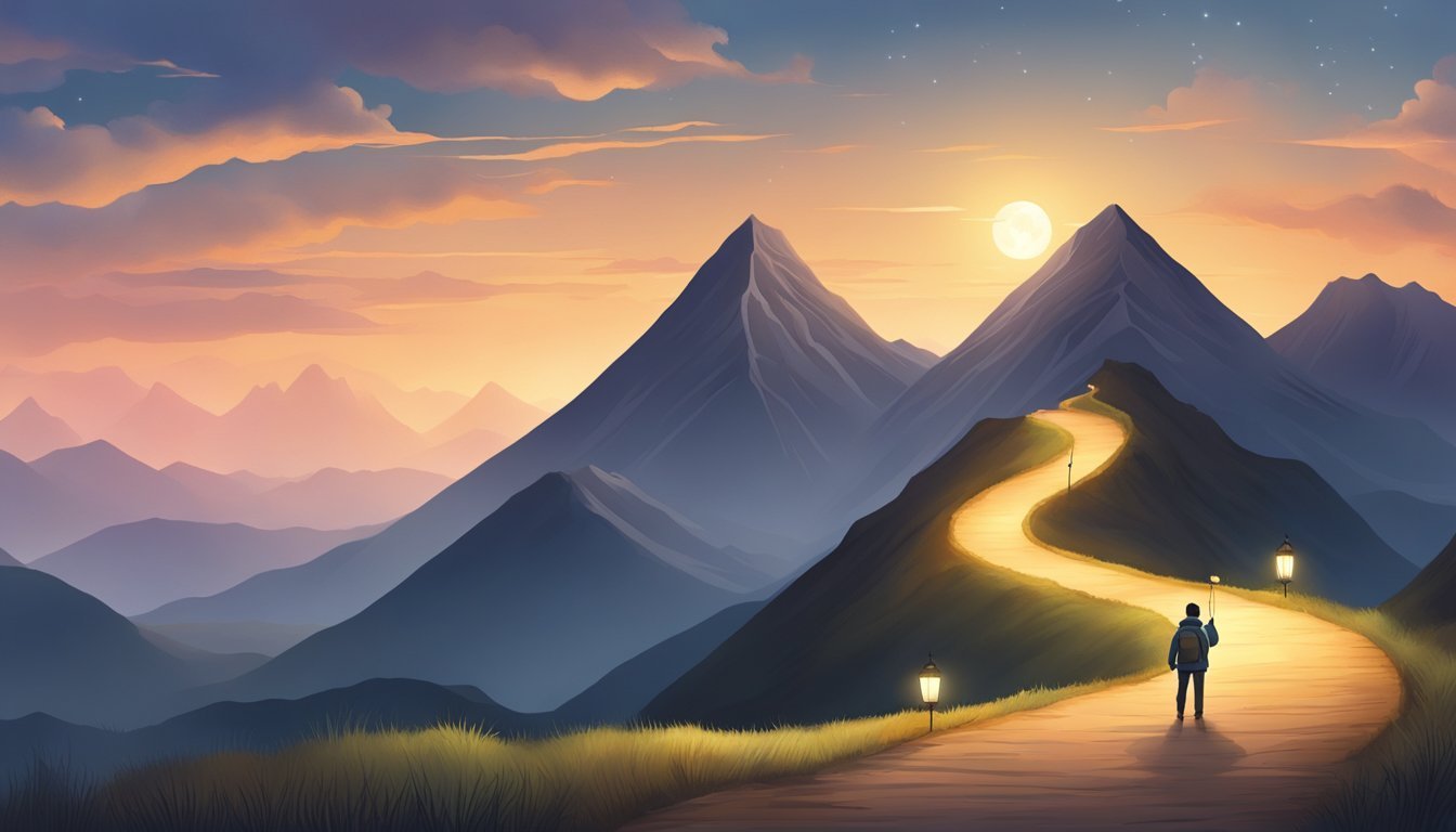 A figure stands before a mountain, facing a winding path.</p><p>They hold a lantern, casting light on their journey ahead.</p><p>The number 59 glows in the sky, symbolizing challenges and the strength to overcome them