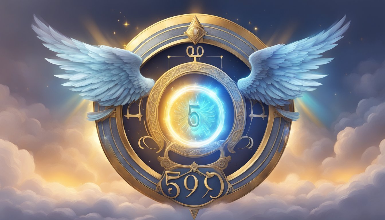 A glowing halo surrounds the number 59, with angelic wings extending from either side, emanating a sense of divine guidance and protection