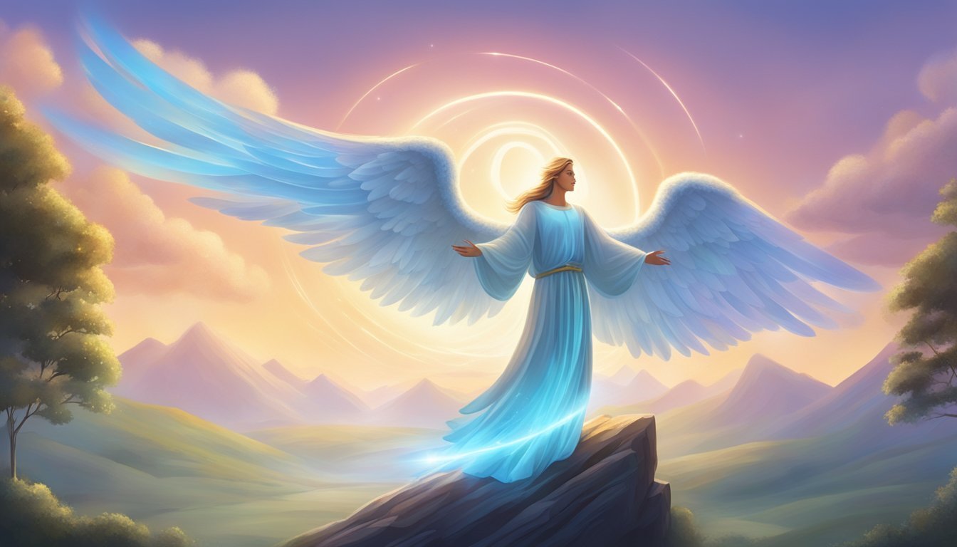 A glowing angelic figure hovers above a peaceful landscape, surrounded by the number 7171 in shimmering light