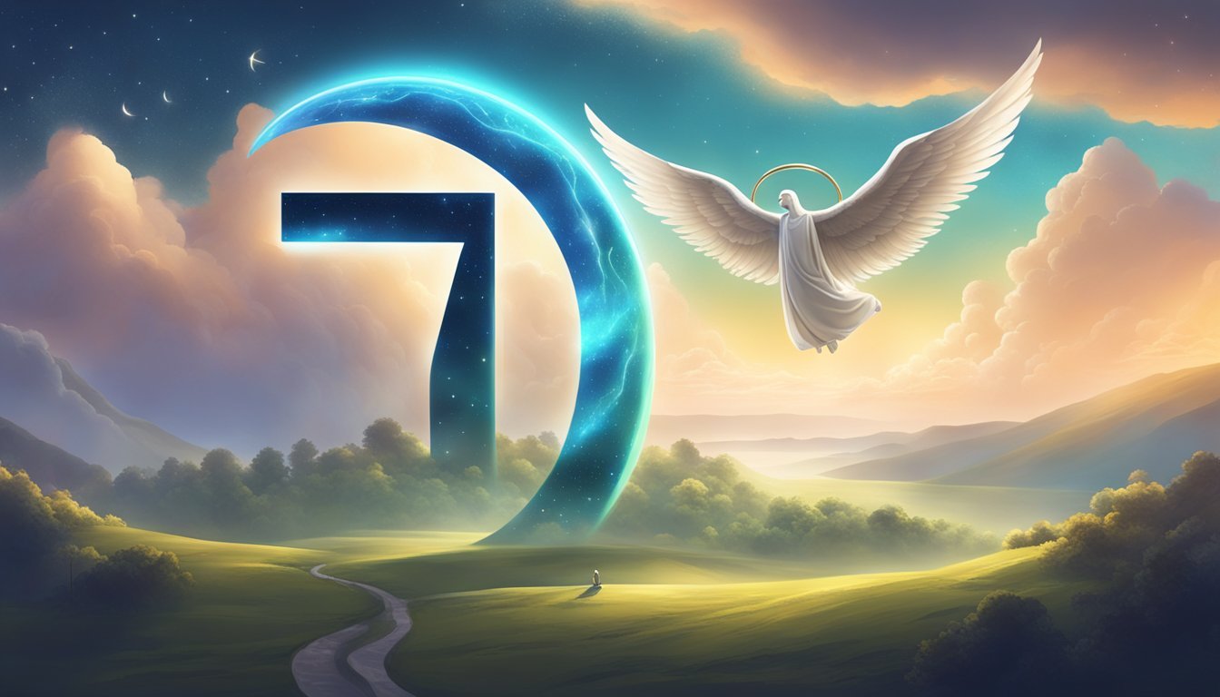 A glowing 7171 angel number hovers above a serene landscape, surrounded by celestial symbols and radiant energy