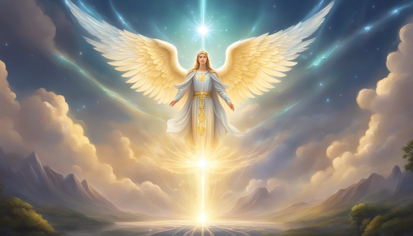 A glowing angelic figure hovers above a serene landscape, surrounded by symbols of divine guidance and protection