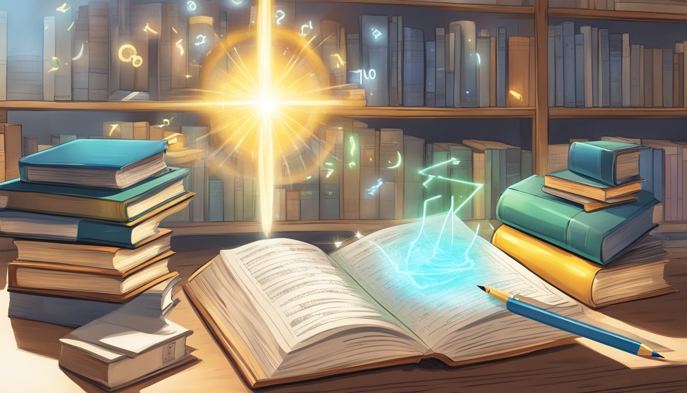 A glowing halo hovers over a stack of books, while a beam of light shines down on a calculator and a pencil, surrounded by symbols and equations