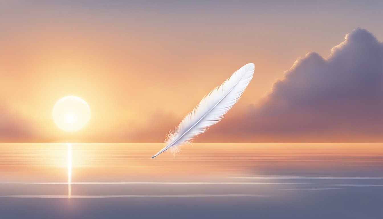 A sunrise over a calm horizon, with a single white feather floating in the air, symbolizing new beginnings