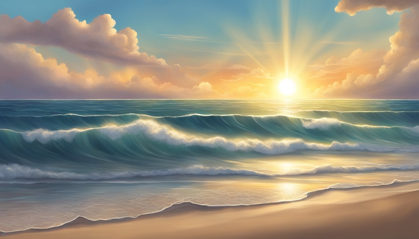 A sunrise over a calm ocean, with a beam of light breaking through the clouds, symbolizing new beginnings