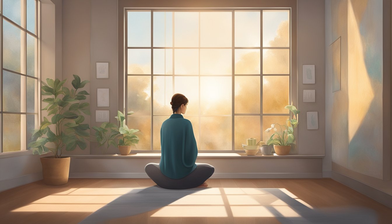 A solitary figure sits in a quiet room, surrounded by symbols of new beginnings.</p><p>The atmosphere is serene, with soft light filtering through the window, creating a sense of introspection and self-reflection