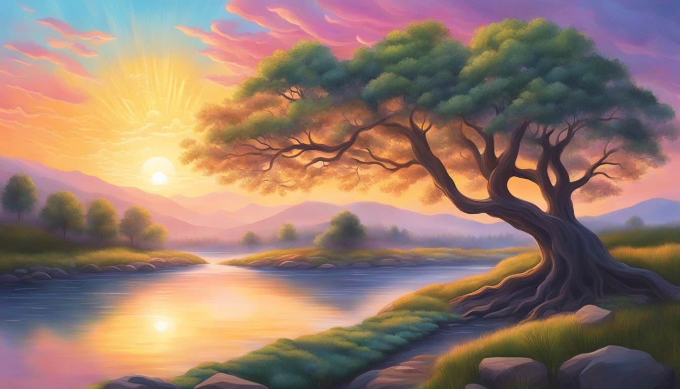 A vibrant sunrise over a calm, flowing river with two intertwined trees symbolizing new beginnings and the interconnectedness of love and relationships