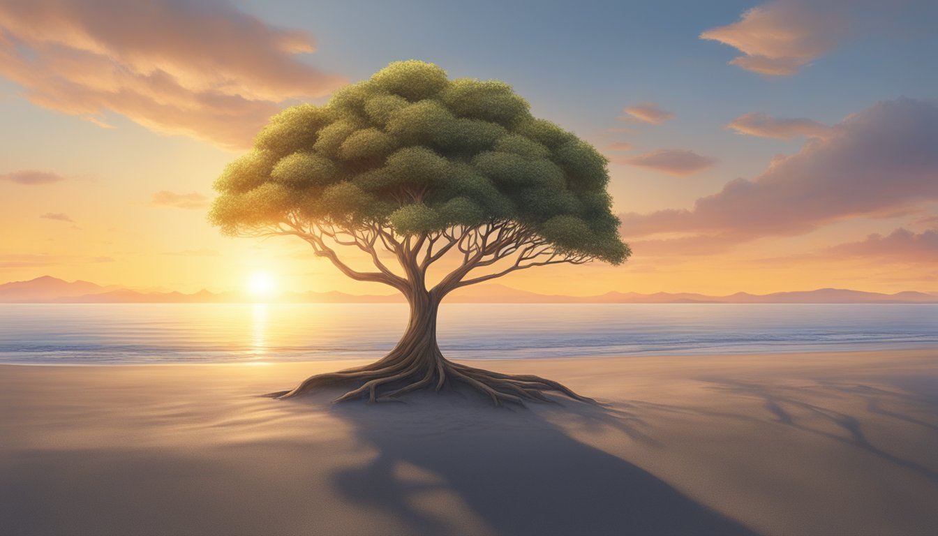 A sunrise over a calm ocean, with a single tree standing tall on a deserted beach, symbolizing new beginnings and the wisdom of 818