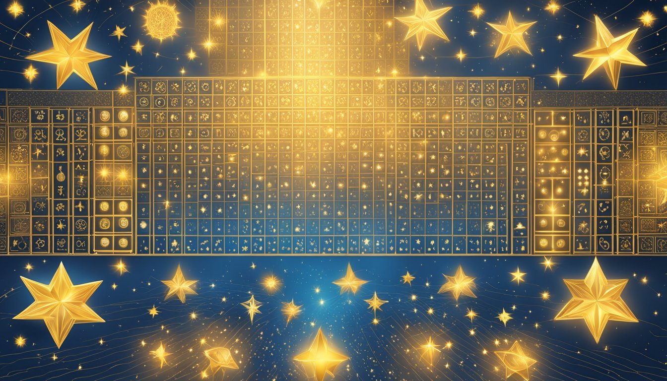 A glowing sequence of 9944 repeated in golden light, surrounded by celestial symbols and stars