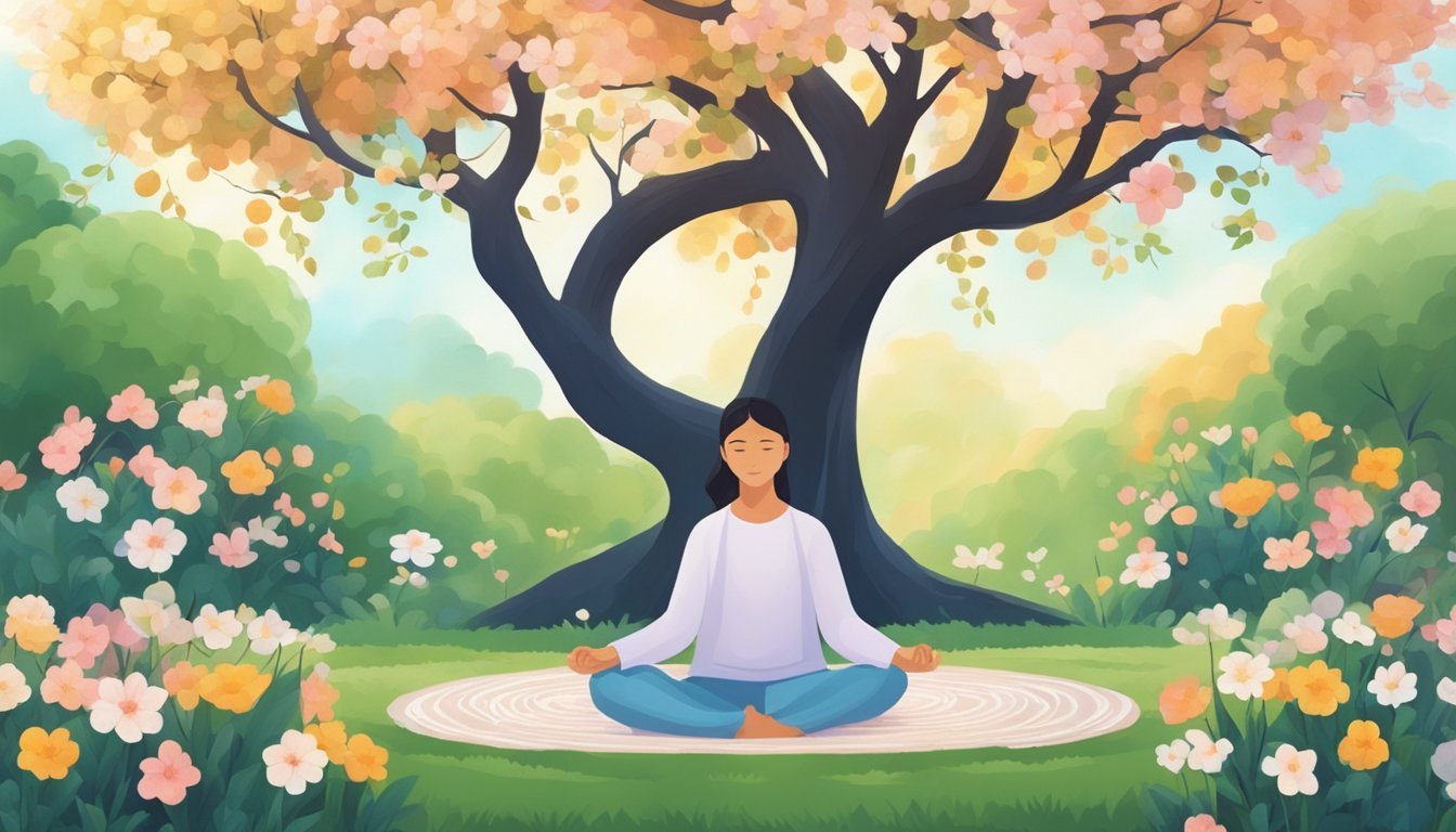 A serene garden with blooming flowers and a gentle breeze, a figure meditating under a tree, surrounded by symbols of peace and harmony