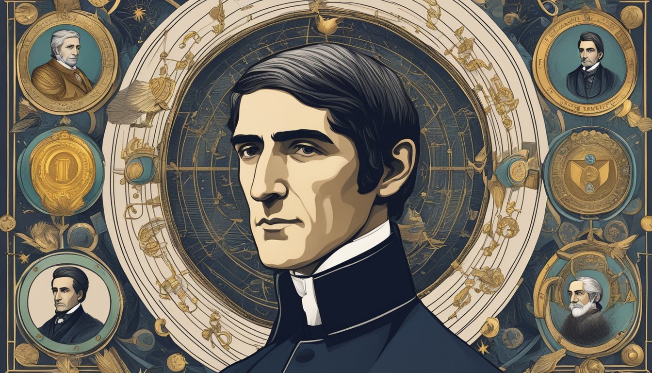 Emerson's portrait surrounded by Gemini symbols and literary elements