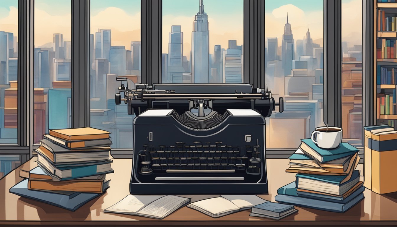 Ginsberg's typewriter surrounded by books, a cup of coffee, and a window with city skyline in the background